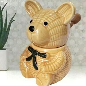 Honeycomb Gold Bear Brown Bowtie Honey Pot Jam Jar Brown Wood Dipper Ceramic